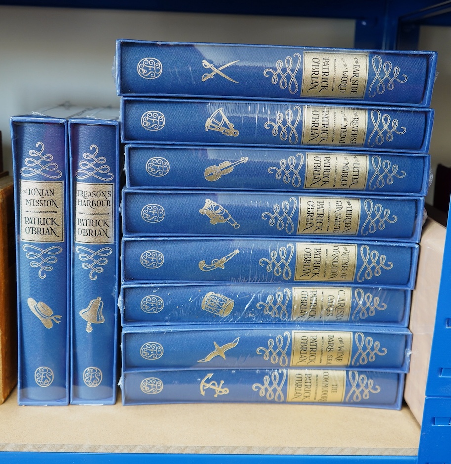 Folio Society - Patrick O'Brian - The Aubrey-Maturin Series, 10 vols (of 20), 8vo, blue decorative cloth in gilt, blue, white, and black, consisting: The Ionian Mission, Treason's Harbour, The Far Side Of The World, The